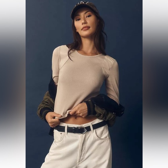 Anthropologie Maeve Faux Leather-Inset Pullover‎ Stone Color size M - Picture 10 of 10